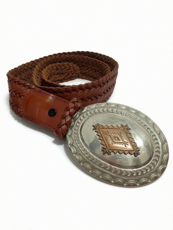 Accessories - Vintage Woven Brown Leather Belt with Decorative Silver-Tone Buckle - M